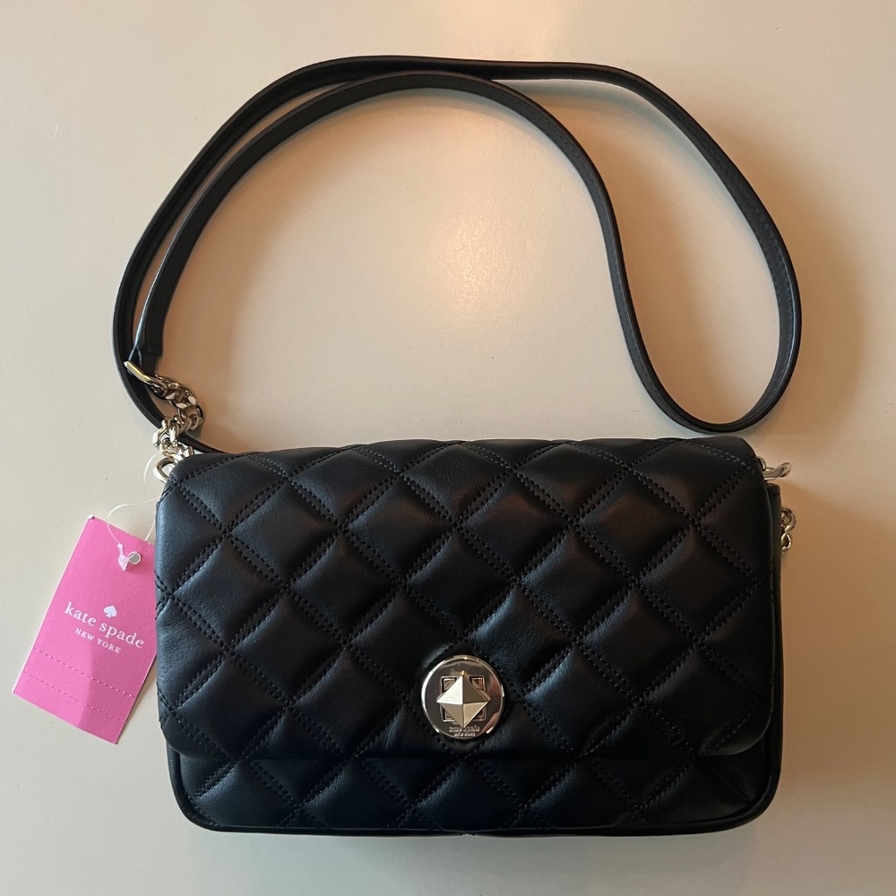 KATE SPADE Black Flap Small Leather Crossbody Black Quilted Bag - Picture 1 of 8